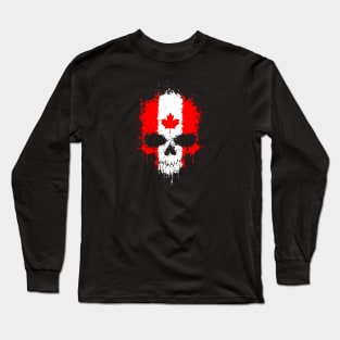 Chaotic Canadian Flag Splatter Skull Long Sleeve T-Shirt